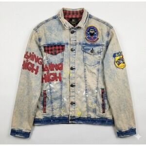 Sacred Crown Acid Wash Denim Jacket Flying High Graffiti Patches Lg Streetwear